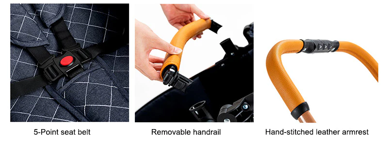 5-Point seat belt. Removable handrail. Hand-stitched leather armrest