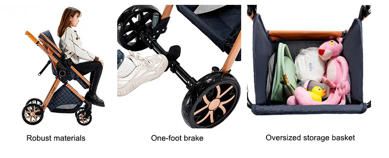 Robust materials. One-foot brake.Oversized storage basket